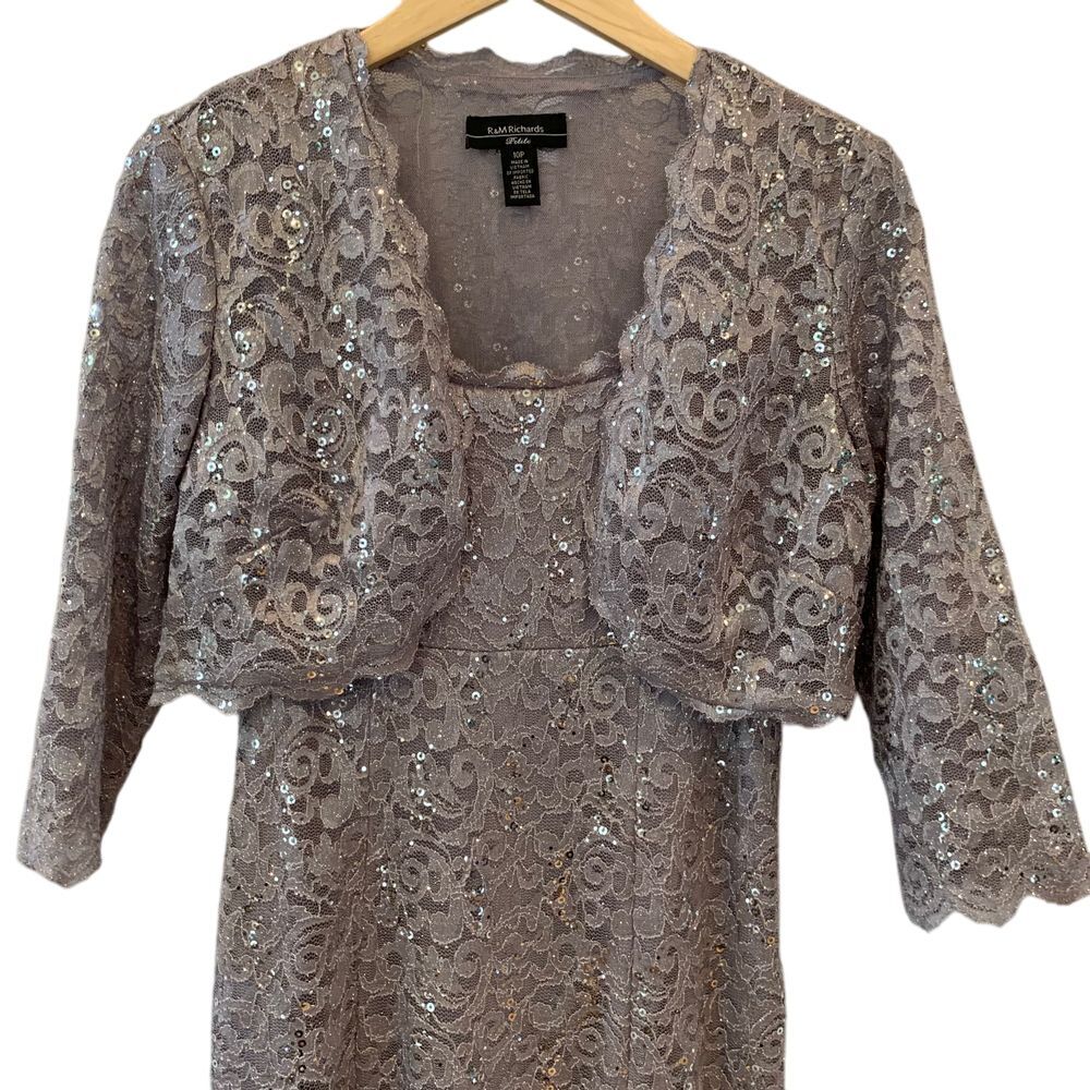 EUC R&M Richards Gray Silver Sequin Lined Lace 2 Piece Dress Jacket Set Size 10P